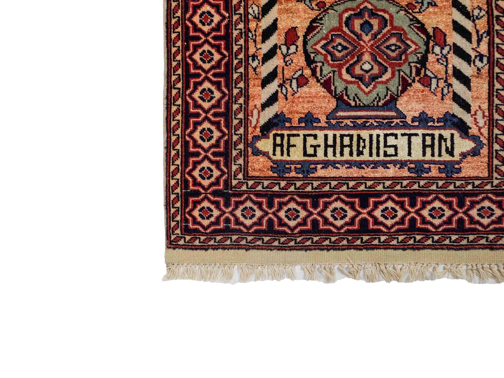 Feiner, handgeknüpfter Afghan Mauri Orientteppich aus Wolle mit Seide von Khademi. Farbe: Beige, gold, blau. Größe: 70 x 58 cm. Vertrieb durch JUPITER Intl.