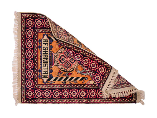 Feiner, handgeknüpfter Afghan Mauri Orientteppich aus Wolle mit Seide von Khademi. Farbe: Beige, gold, blau. Größe: 75 x 60 cm. Vertrieb durch JUPITER Intl.