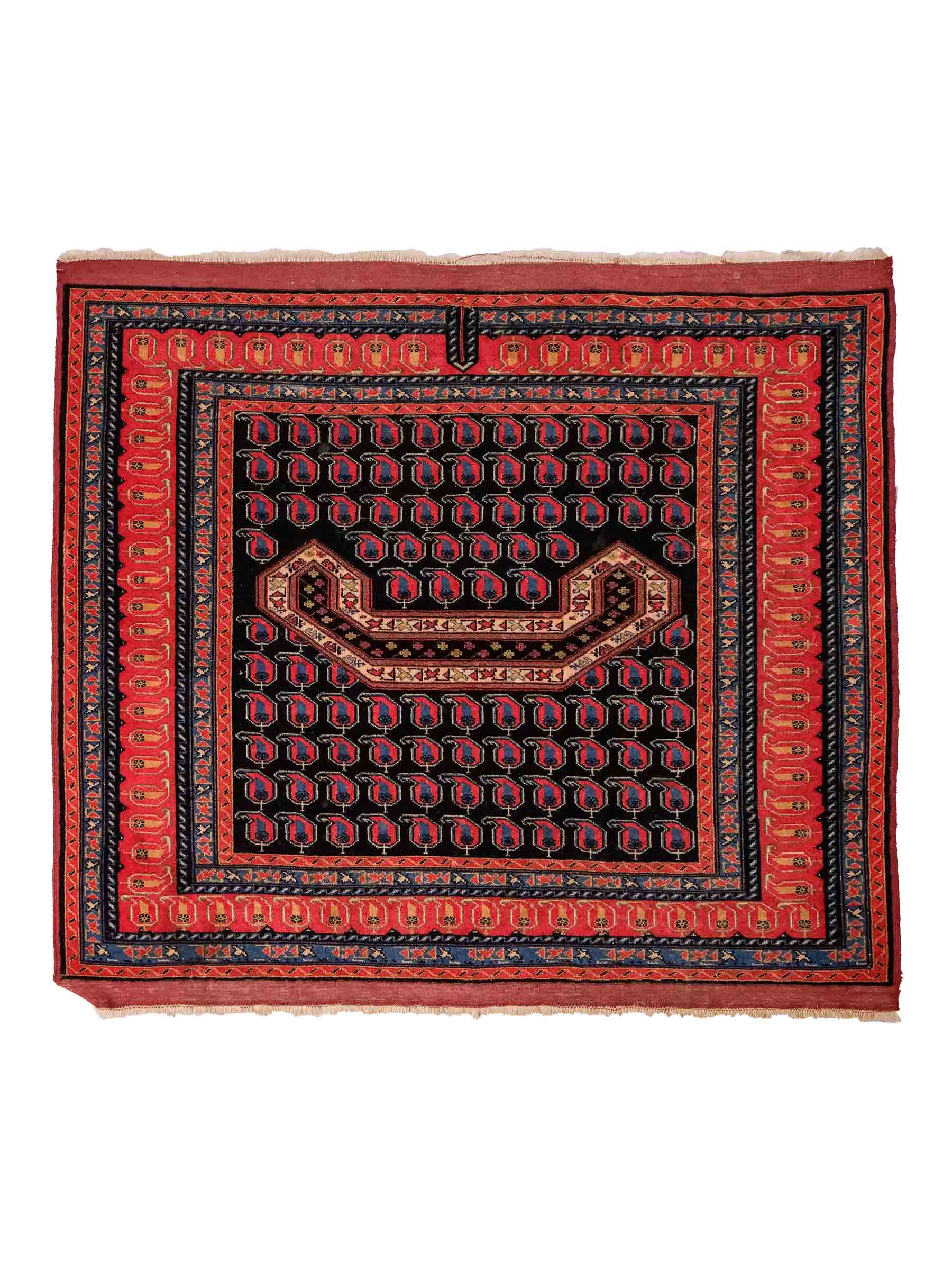 Antiker, handgeknüpfter Afghan Orientteppich aus Wolle von Khademi. Größe: 116 x 94 cm. Farbe: Blau, orange, rot. Verkauf durch JUPITER Intl.