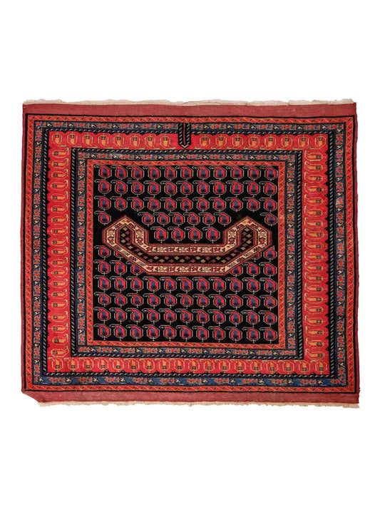 Antiker, handgeknüpfter Afghan Orientteppich aus Wolle von Khademi. Größe: 116 x 94 cm. Farbe: Blau, orange, rot. Verkauf durch JUPITER Intl.