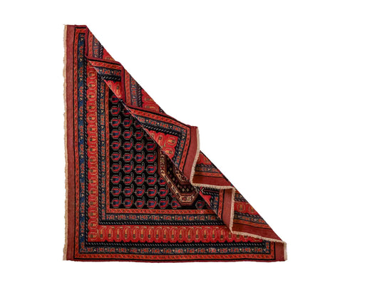 Antiker, handgeknüpfter Afghan Orientteppich aus Wolle von Khademi. Größe: 116 x 94 cm. Farbe: Blau, orange, rot. Verkauf durch JUPITER Intl.