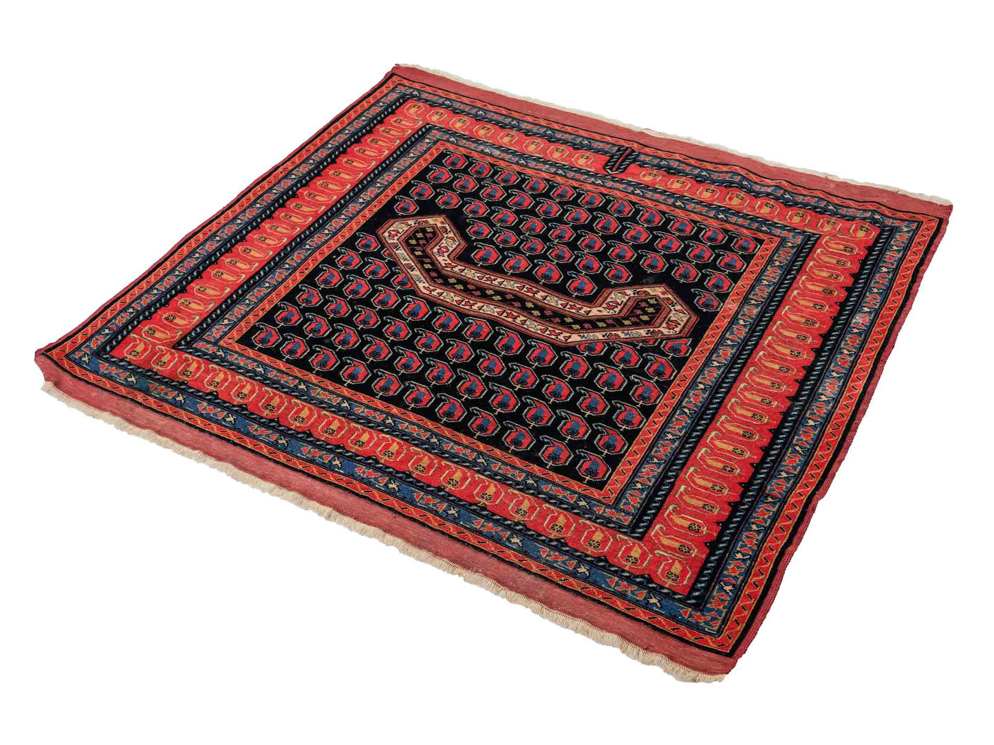 Antiker, handgeknüpfter Afghan Orientteppich aus Wolle von Khademi. Größe: 116 x 94 cm. Farbe: Blau, orange, rot. Verkauf durch JUPITER Intl.
