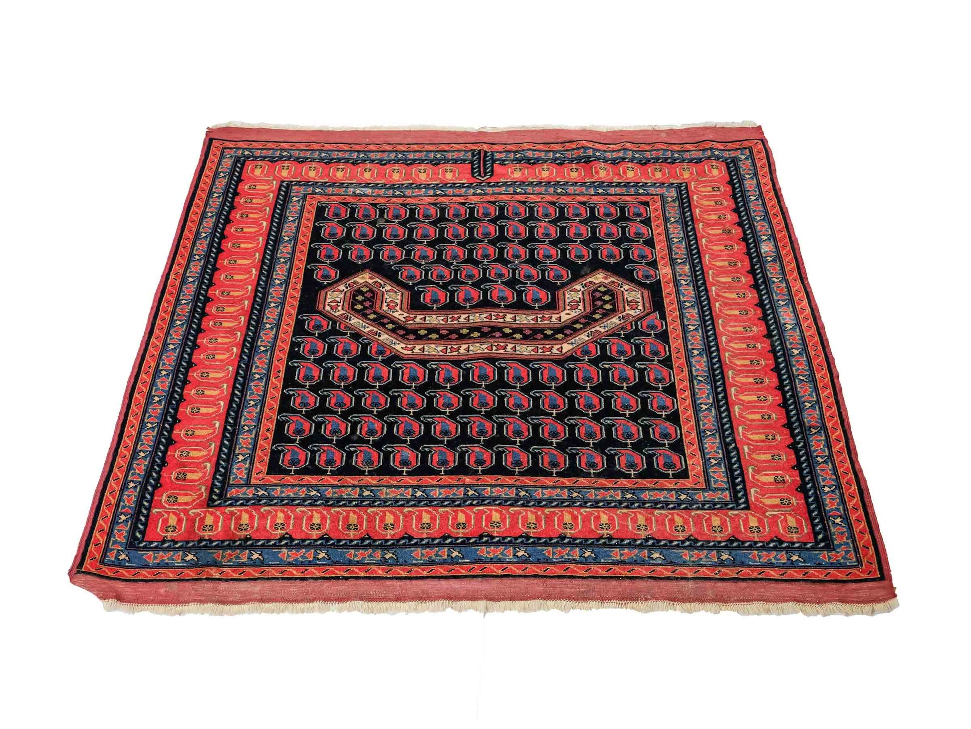 Antiker, handgeknüpfter Afghan Orientteppich aus Wolle von Khademi. Größe: 116 x 94 cm. Farbe: Blau, orange, rot. Verkauf durch JUPITER Intl.