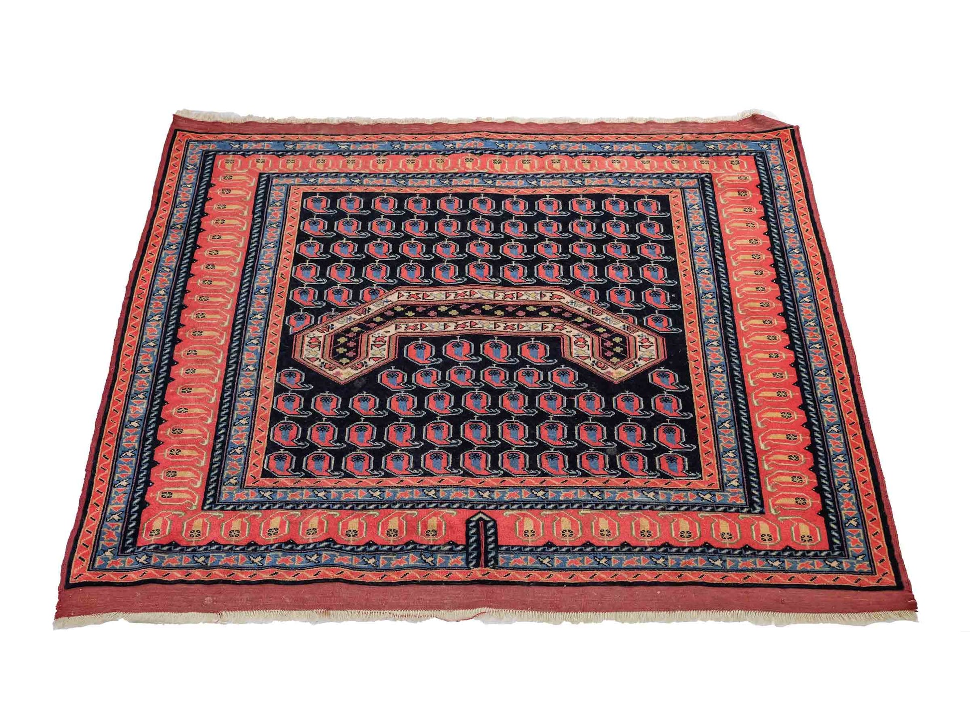 Antiker, handgeknüpfter Afghan Orientteppich aus Wolle von Khademi. Größe: 116 x 94 cm. Farbe: Blau, orange, rot. Verkauf durch JUPITER Intl.