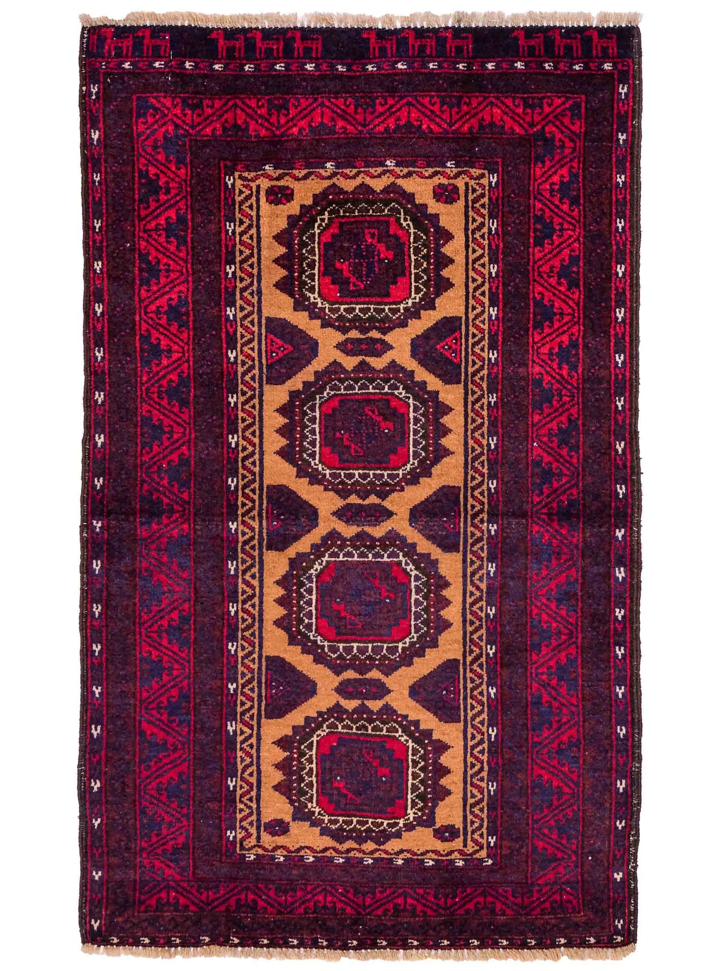Antiker, handgeknüpfter Afghan Orientteppich aus Wolle von Khademi. Größe: 121 x 72 cm. Farbe: Rot, beige, blau. Verkauf durch JUPITER Intl.