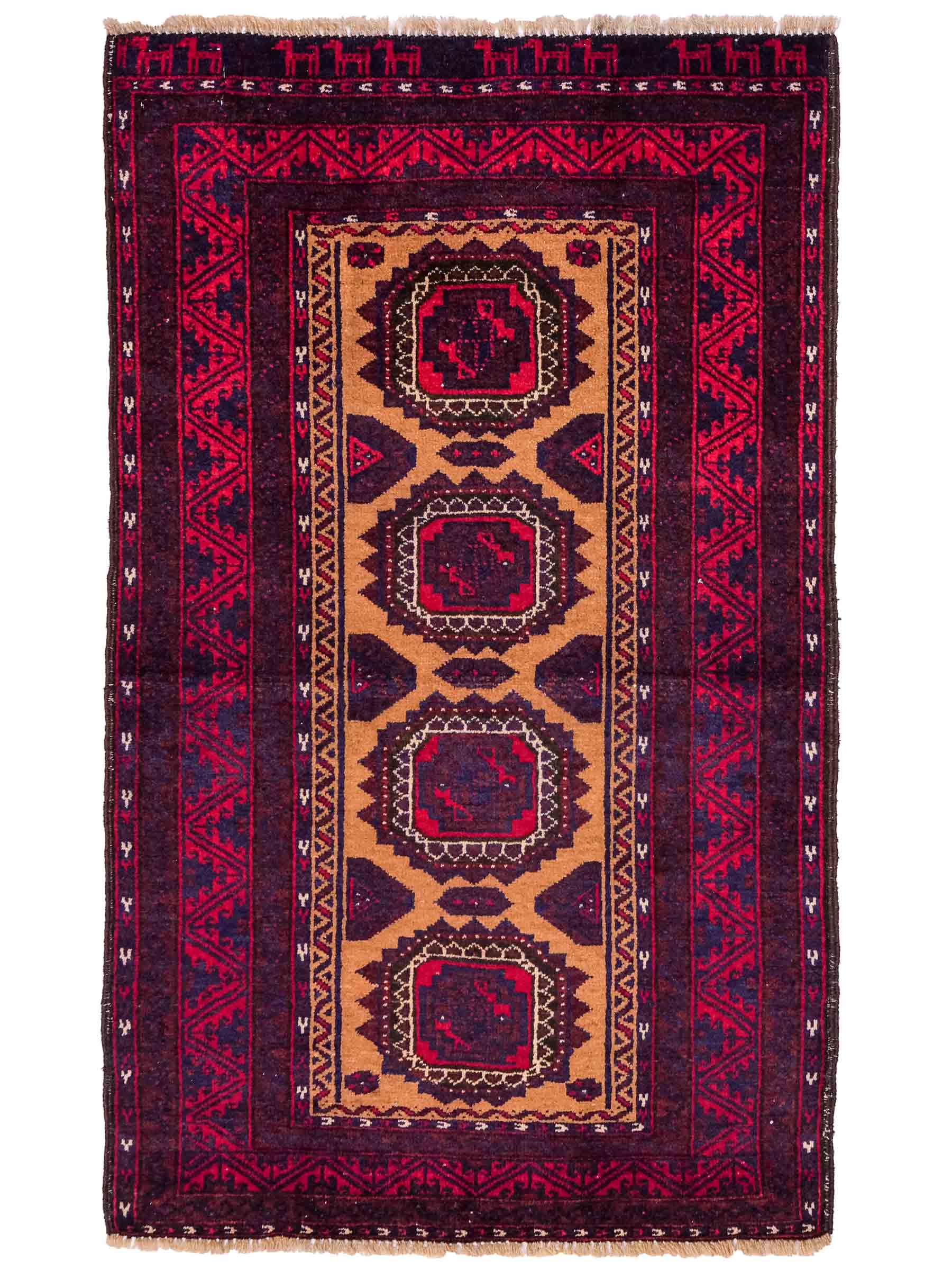 Antiker, handgeknüpfter Afghan Orientteppich aus Wolle von Khademi. Größe: 121 x 72 cm. Farbe: Rot, beige, blau. Verkauf durch JUPITER Intl.