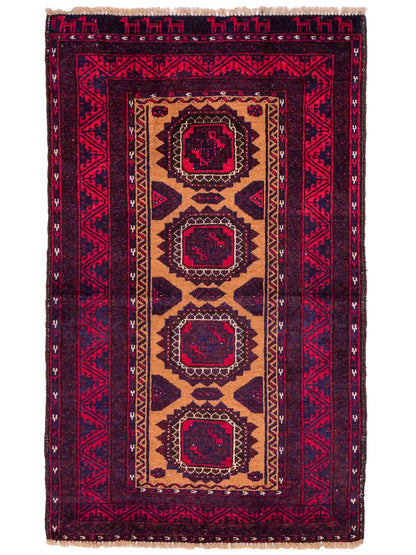 Antiker, handgeknüpfter Afghan Orientteppich aus Wolle von Khademi. Größe: 121 x 72 cm. Farbe: Rot, beige, blau. Verkauf durch JUPITER Intl.