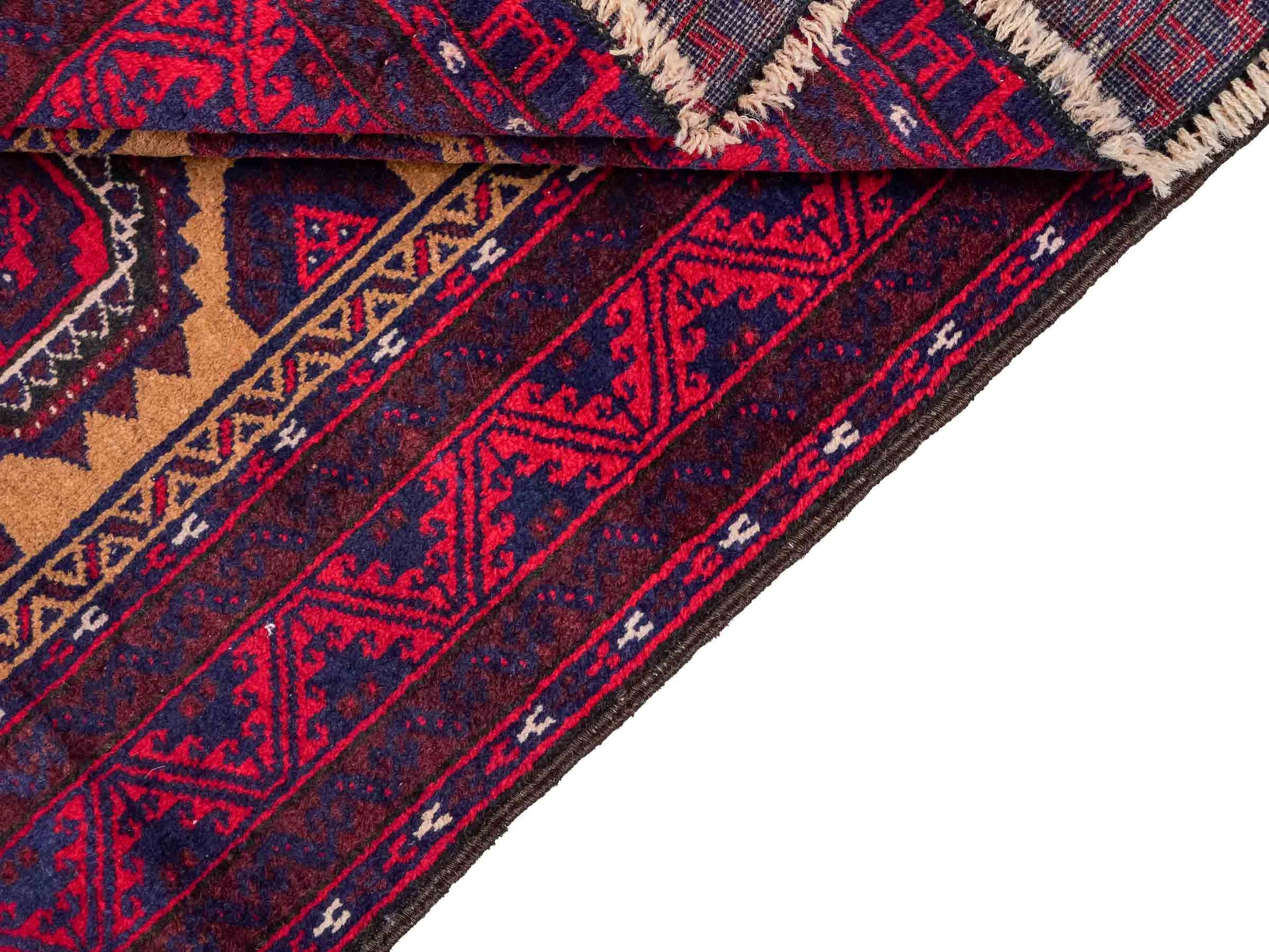 Antiker, handgeknüpfter Afghan Orientteppich aus Wolle von Khademi. Größe: 121 x 72 cm. Farbe: Rot, beige, blau. Verkauf durch JUPITER Intl.