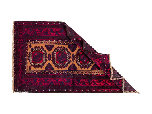 Antiker, handgeknüpfter Afghan Orientteppich aus Wolle von Khademi. Größe: 121 x 72 cm. Farbe: Rot, beige, blau. Verkauf durch JUPITER Intl.