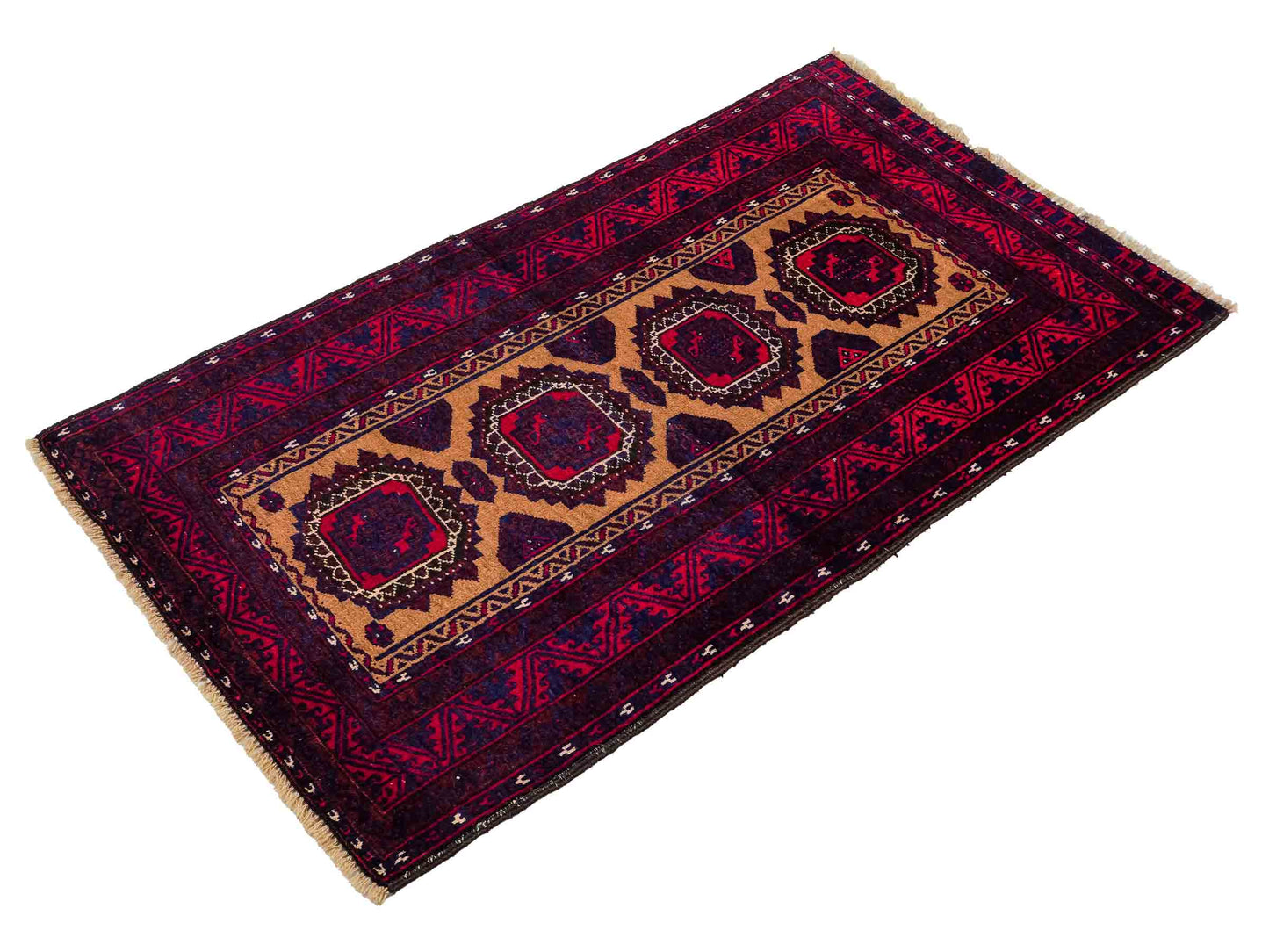 Antiker, handgeknüpfter Afghan Orientteppich aus Wolle von Khademi. Größe: 121 x 72 cm. Farbe: Rot, beige, blau. Verkauf durch JUPITER Intl.