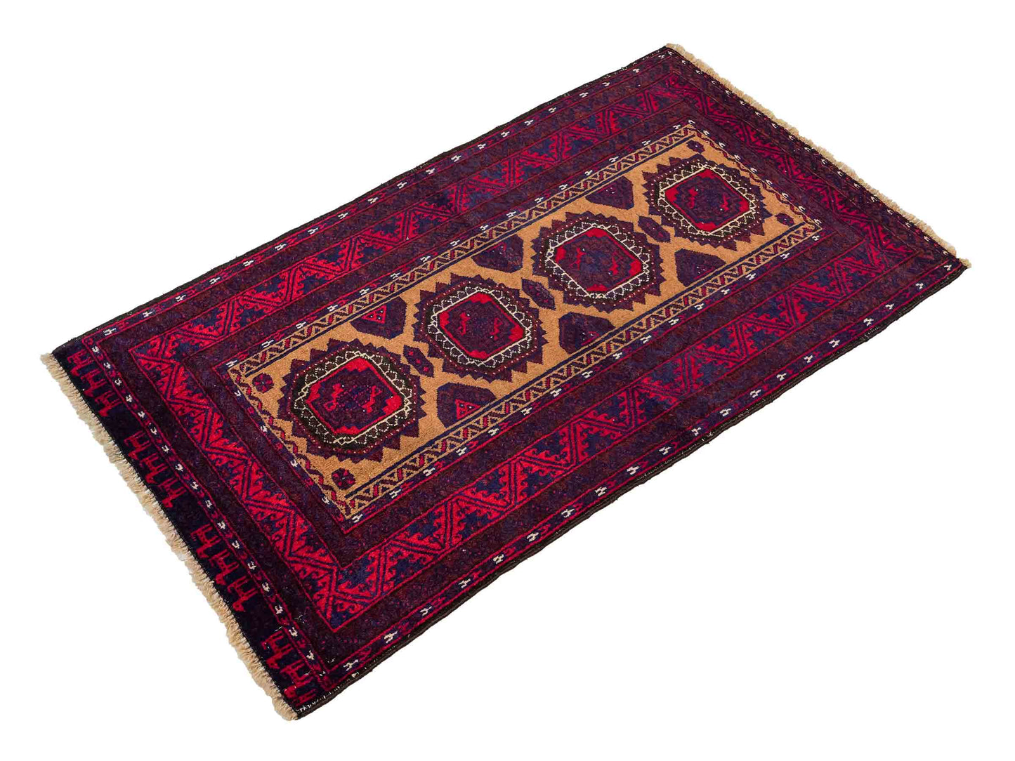Antiker, handgeknüpfter Afghan Orientteppich aus Wolle von Khademi. Größe: 121 x 72 cm. Farbe: Rot, beige, blau. Verkauf durch JUPITER Intl.