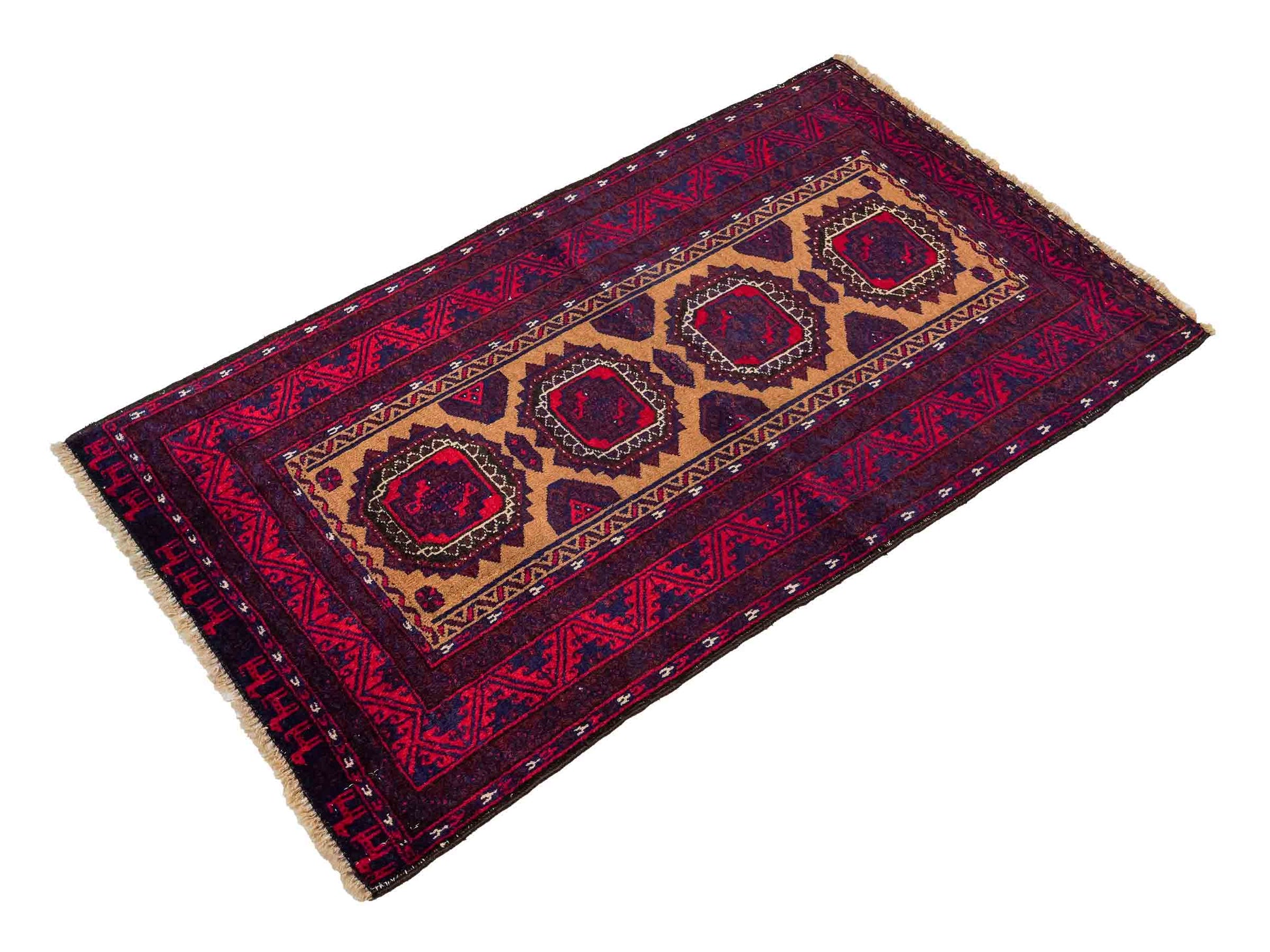 Antiker, handgeknüpfter Afghan Orientteppich aus Wolle von Khademi. Größe: 121 x 72 cm. Farbe: Rot, beige, blau. Verkauf durch JUPITER Intl.