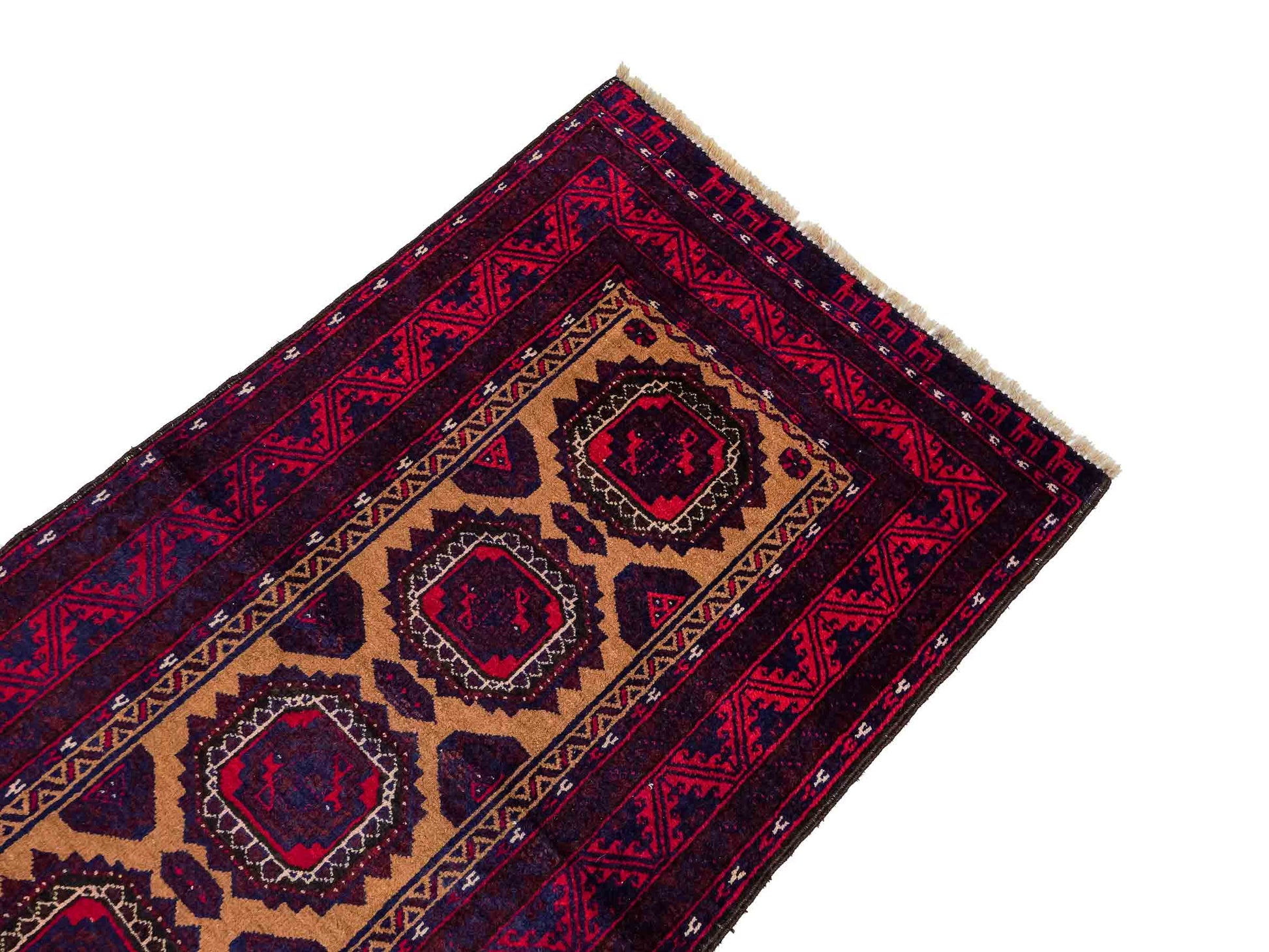 Antiker, handgeknüpfter Afghan Orientteppich aus Wolle von Khademi. Größe: 121 x 72 cm. Farbe: Rot, beige, blau. Verkauf durch JUPITER Intl.