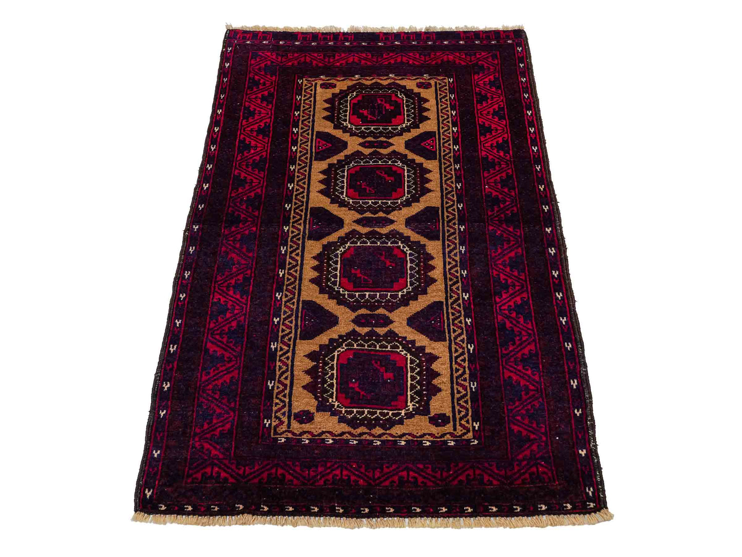 Antiker, handgeknüpfter Afghan Orientteppich aus Wolle von Khademi. Größe: 121 x 72 cm. Farbe: Rot, beige, blau. Verkauf durch JUPITER Intl.