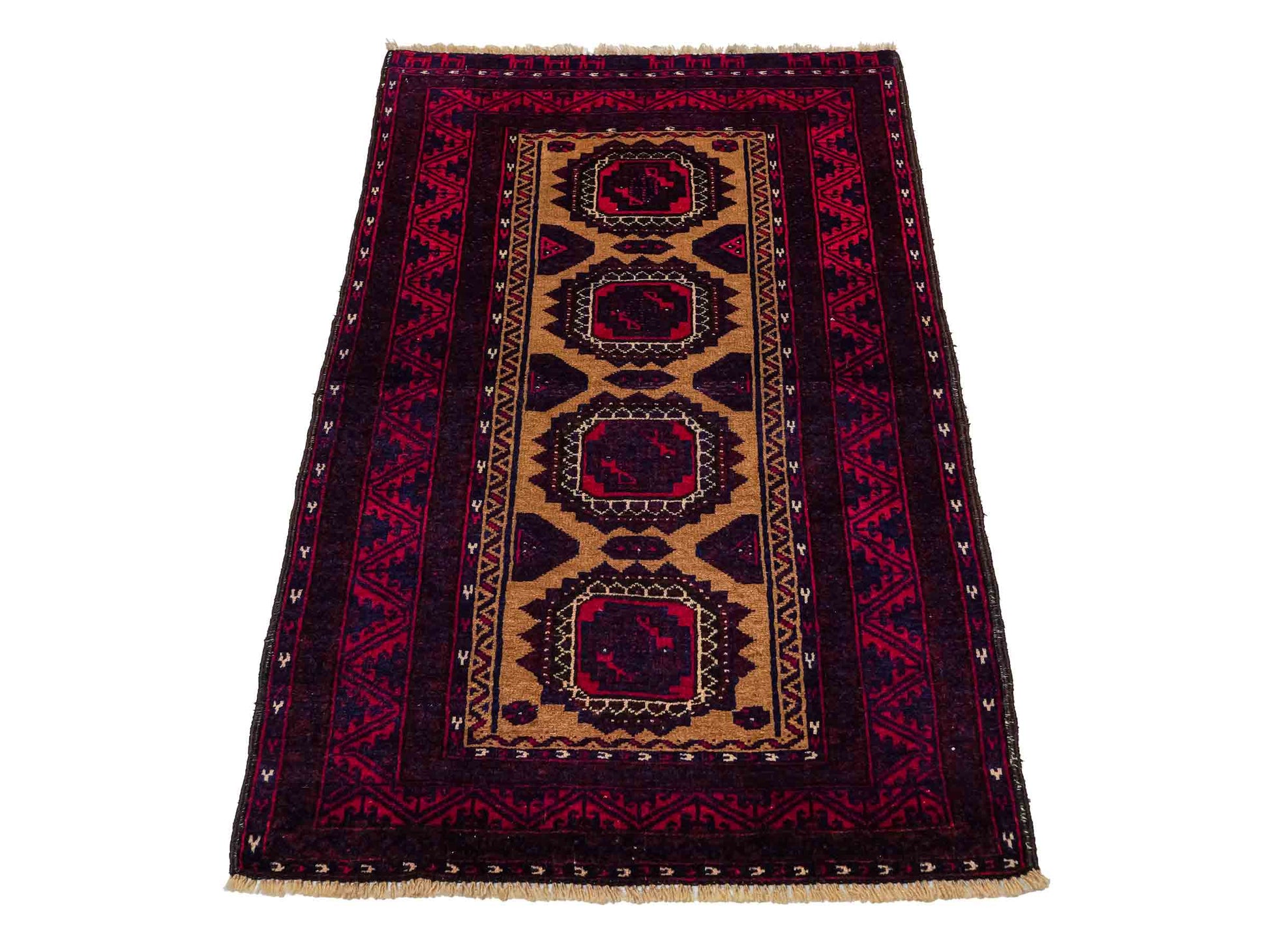 Antiker, handgeknüpfter Afghan Orientteppich aus Wolle von Khademi. Größe: 121 x 72 cm. Farbe: Rot, beige, blau. Verkauf durch JUPITER Intl.