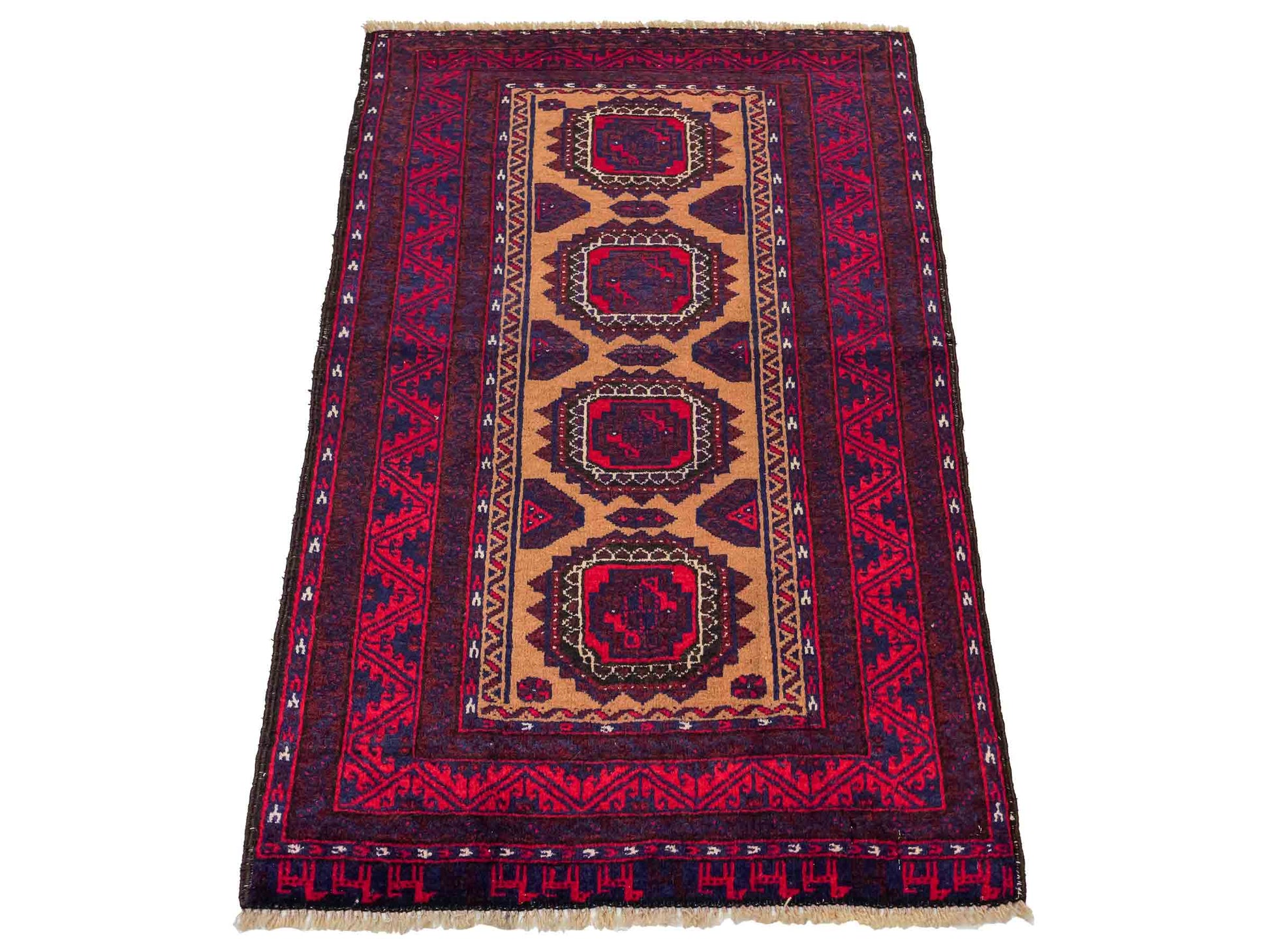 Antiker, handgeknüpfter Afghan Orientteppich aus Wolle von Khademi. Größe: 121 x 72 cm. Farbe: Rot, beige, blau. Verkauf durch JUPITER Intl.