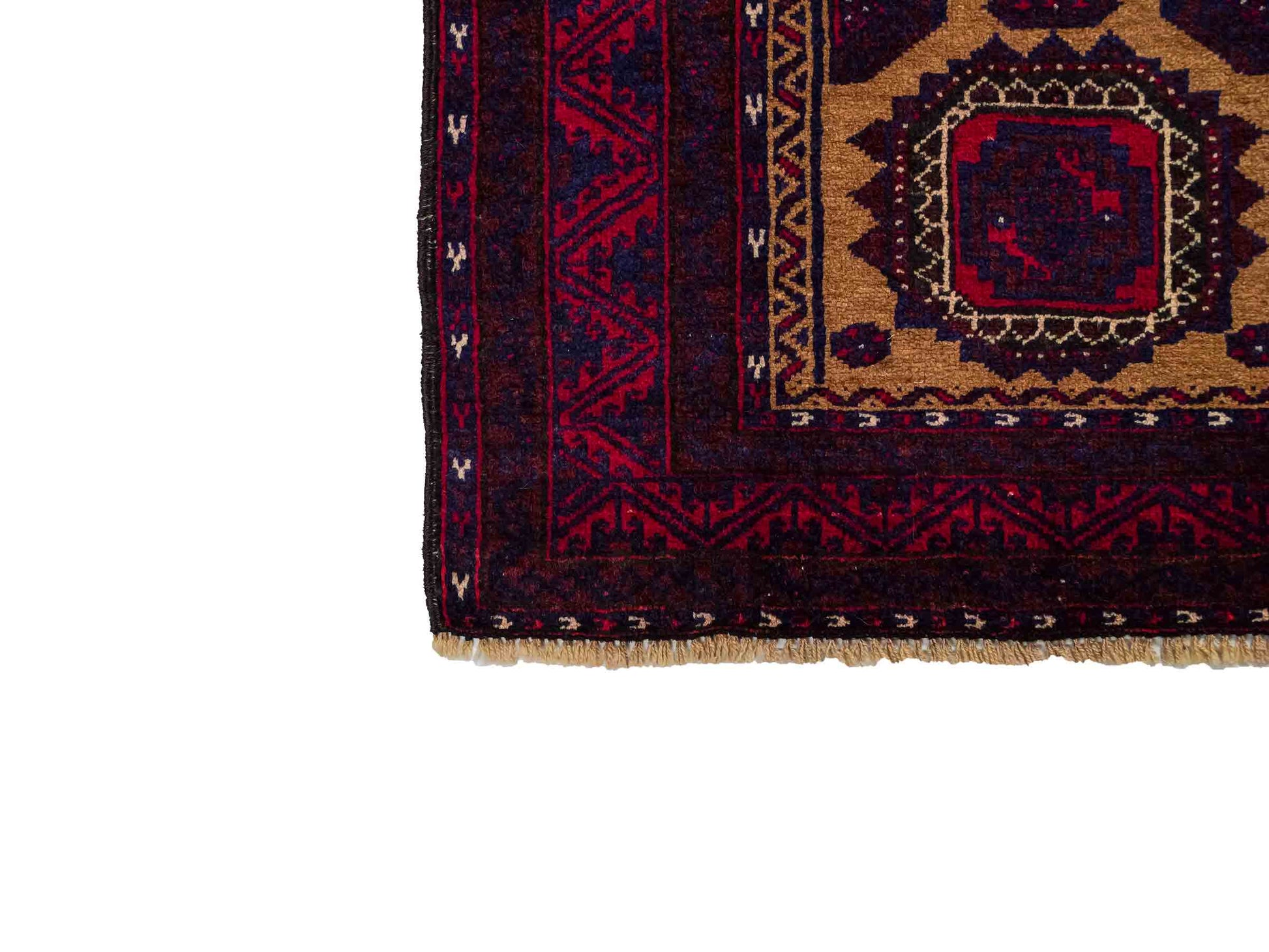 Antiker, handgeknüpfter Afghan Orientteppich aus Wolle von Khademi. Größe: 121 x 72 cm. Farbe: Rot, beige, blau. Verkauf durch JUPITER Intl.