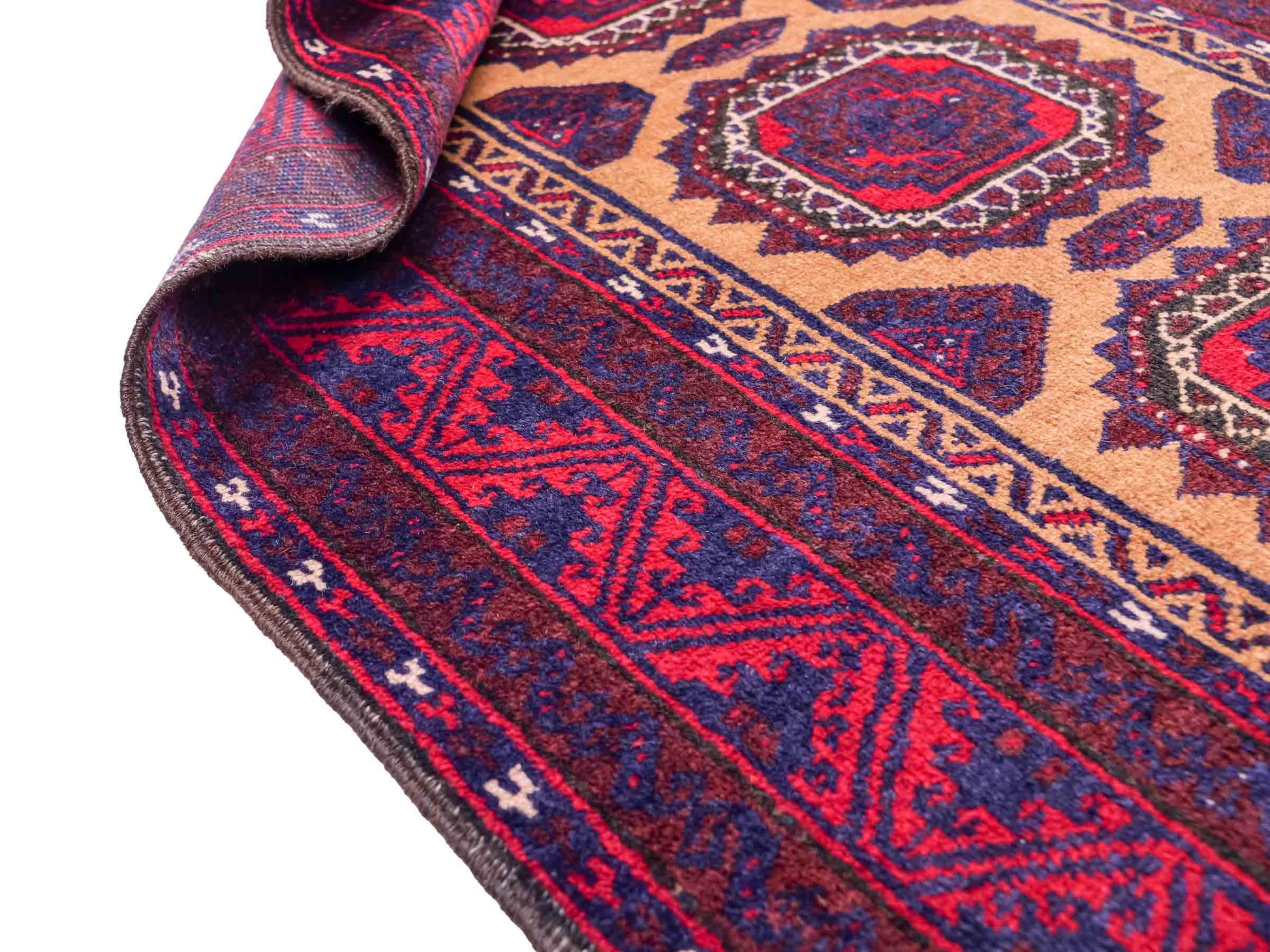 Antiker, handgeknüpfter Afghan Orientteppich aus Wolle von Khademi. Größe: 121 x 72 cm. Farbe: Rot, beige, blau. Verkauf durch JUPITER Intl.