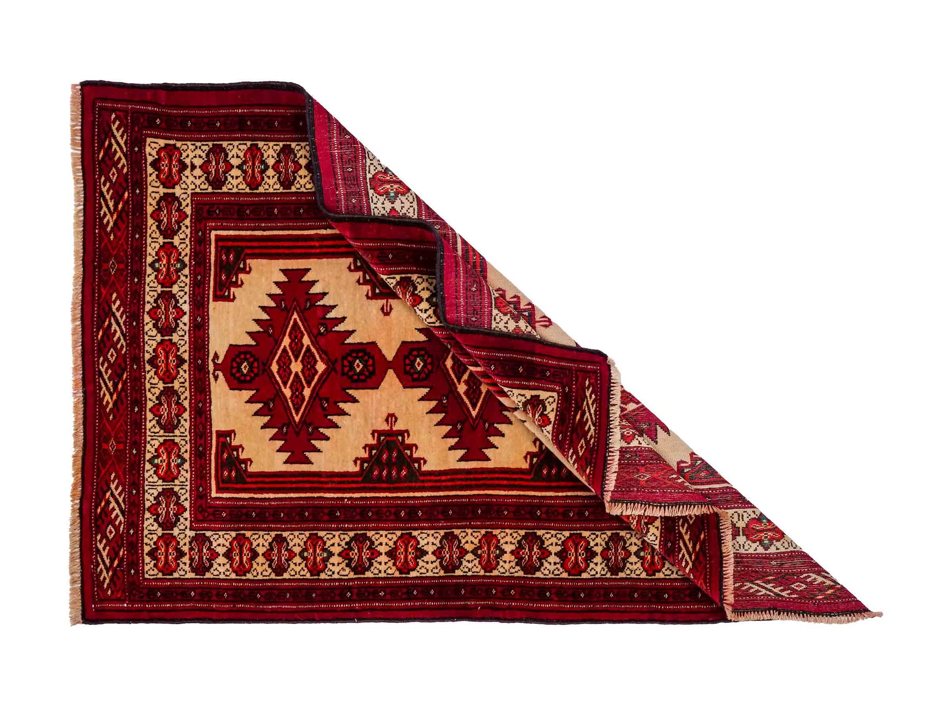 Antiker, handgeknüpfter Afghan Wollteppich von Khademi. Größe: 127 x 89 cm. Farbe: Cremeweiß, rot. Verkauf durch JUPITER Intl.