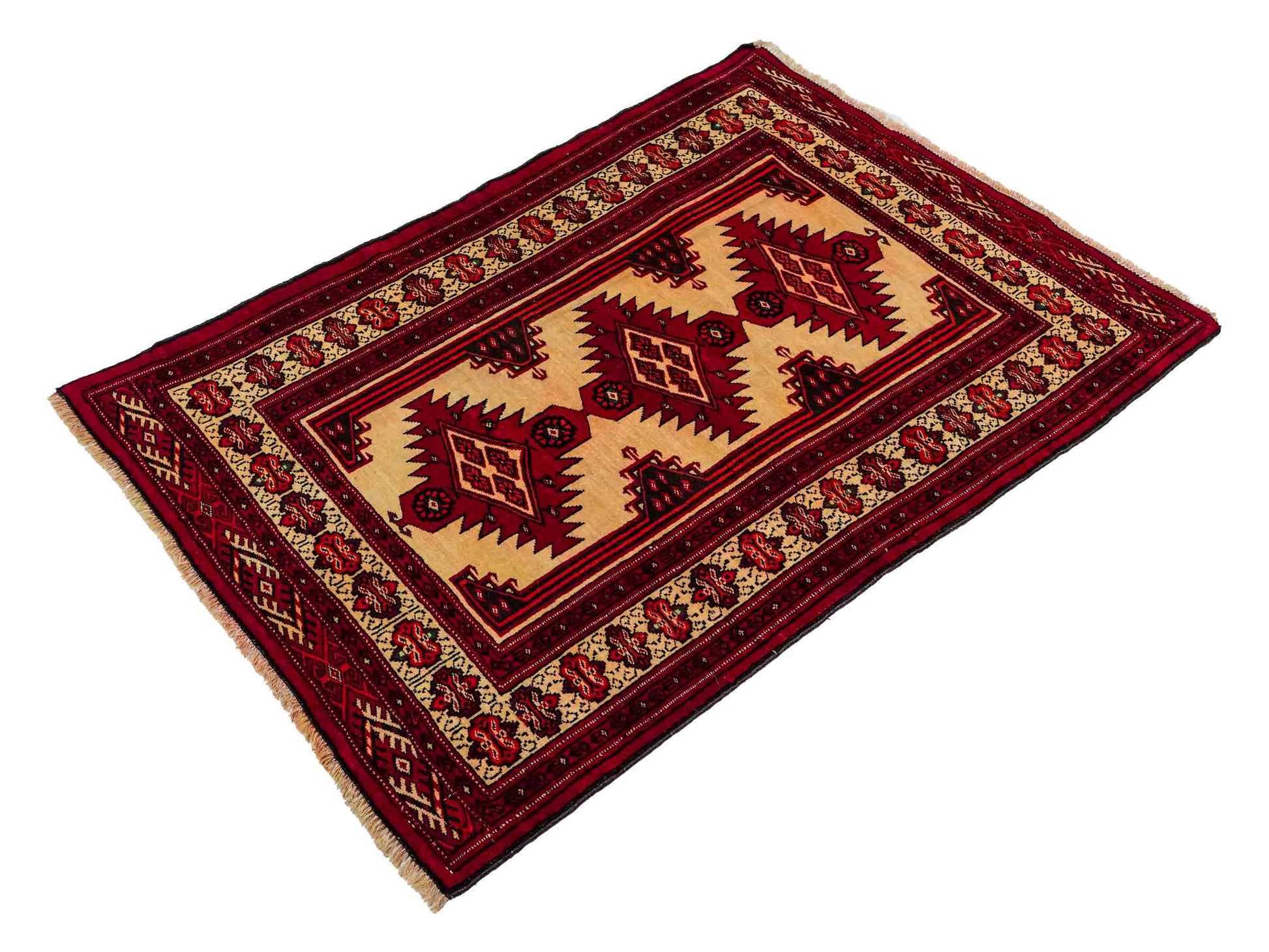 Antiker, handgeknüpfter Afghan Wollteppich von Khademi. Größe: 127 x 89 cm. Farbe: Cremeweiß, rot. Verkauf durch JUPITER Intl.