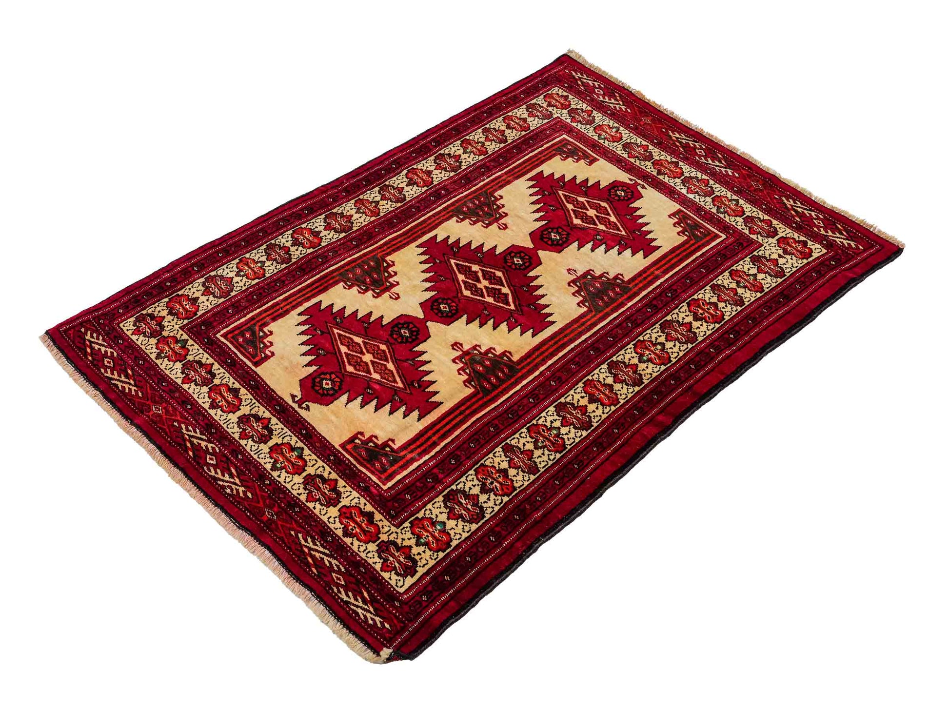 Antiker, handgeknüpfter Afghan Wollteppich von Khademi. Größe: 127 x 89 cm. Farbe: Cremeweiß, rot. Verkauf durch JUPITER Intl.