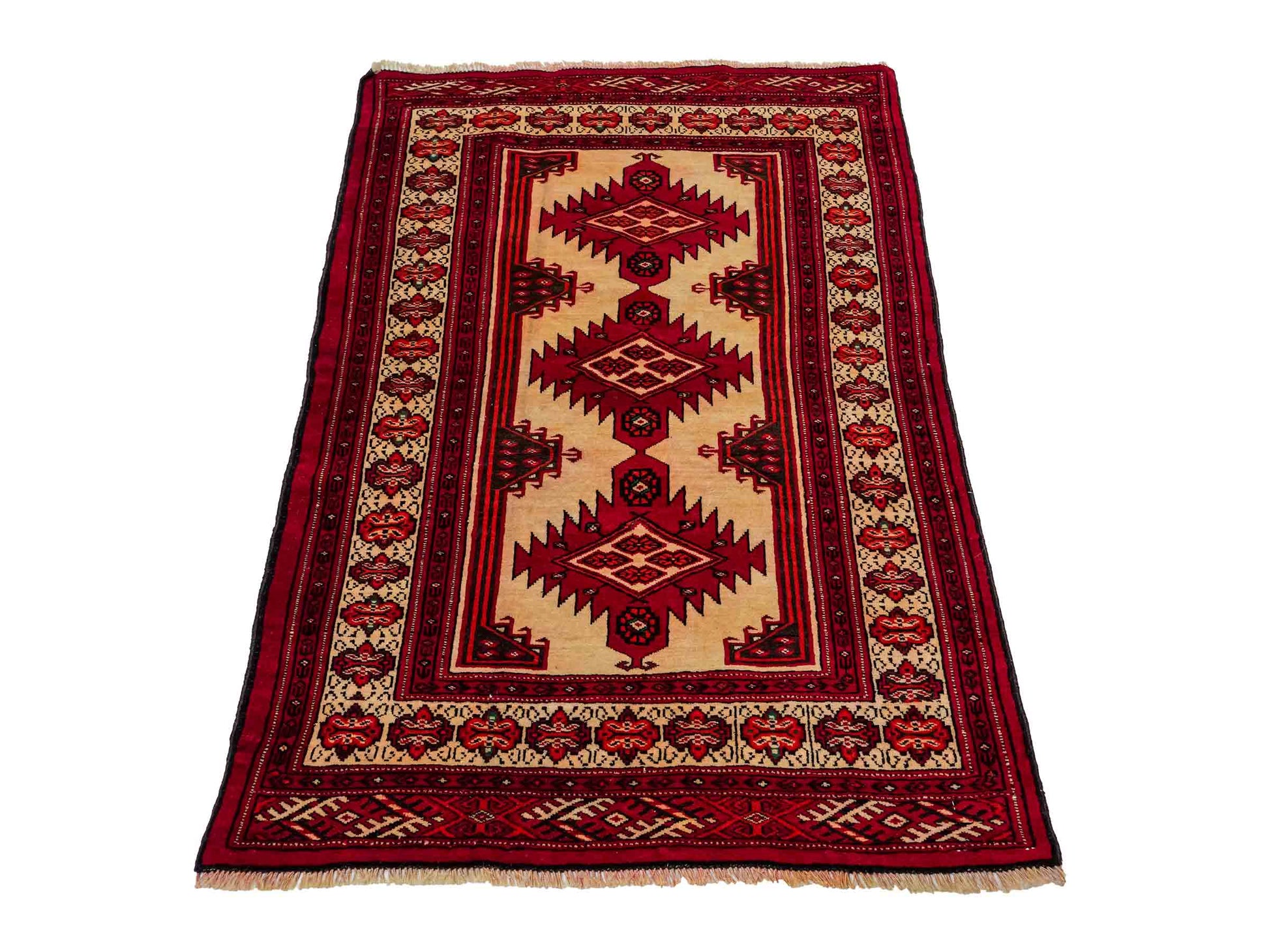 Antiker, handgeknüpfter Afghan Wollteppich von Khademi. Größe: 127 x 89 cm. Farbe: Cremeweiß, rot. Verkauf durch JUPITER Intl.
