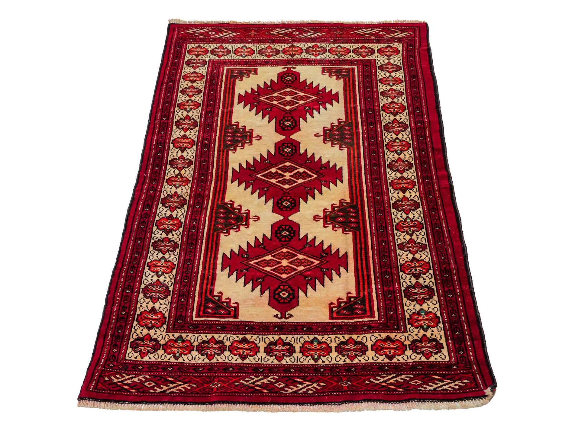 Antiker, handgeknüpfter Afghan Wollteppich von Khademi. Größe: 127 x 89 cm. Farbe: Cremeweiß, rot. Verkauf durch JUPITER Intl.