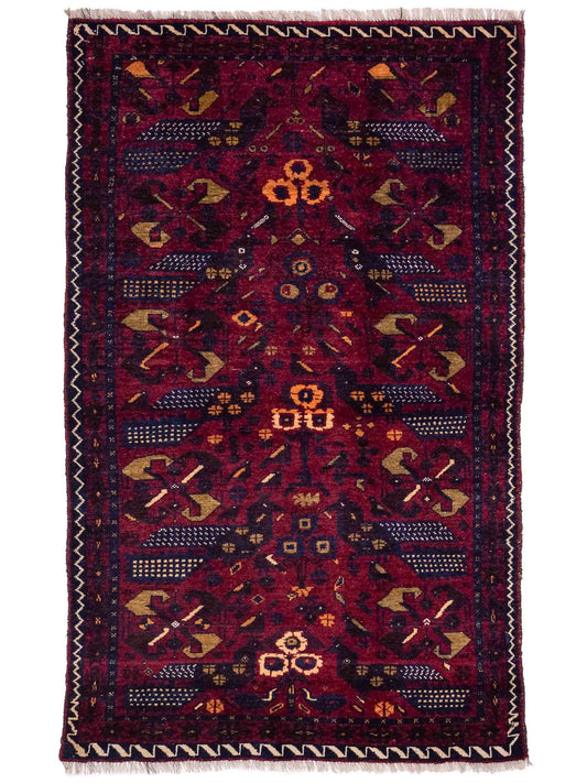 Antiker, handgeknüpfter Afghan Orientteppich aus Wolle von Khademi. Größe: 138 x 80 cm. Farbe: Rot, blau. Verkauf durch JUPITER Intl.