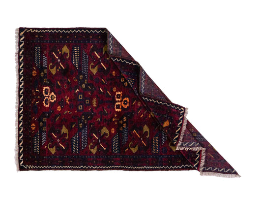 Antiker, handgeknüpfter Afghan Orientteppich aus Wolle von Khademi. Größe: 138 x 80 cm. Farbe: Rot, blau. Verkauf durch JUPITER Intl.