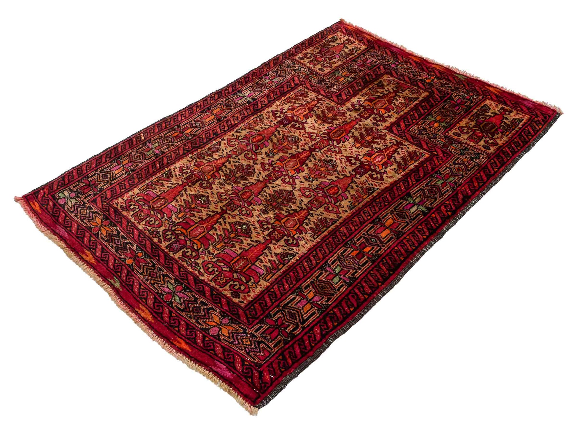 Antiker, handgeknüpfter Afghan Orientteppich aus Wolle von Khademi. Größe: 141 x 95 cm. Farbe: Rot, beige. Verkauf durch JUPITER Intl.