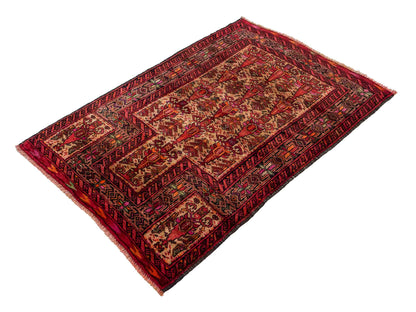 Antiker, handgeknüpfter Afghan Orientteppich aus Wolle von Khademi. Größe: 141 x 95 cm. Farbe: Rot, beige. Verkauf durch JUPITER Intl.