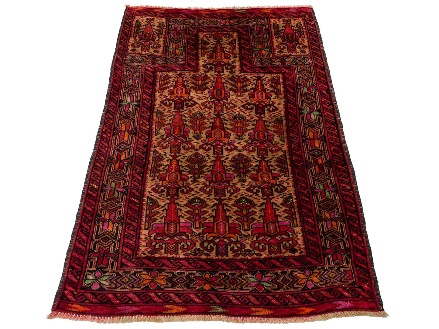 Antiker, handgeknüpfter Afghan Orientteppich aus Wolle von Khademi. Größe: 141 x 95 cm. Farbe: Rot, beige. Verkauf durch JUPITER Intl.