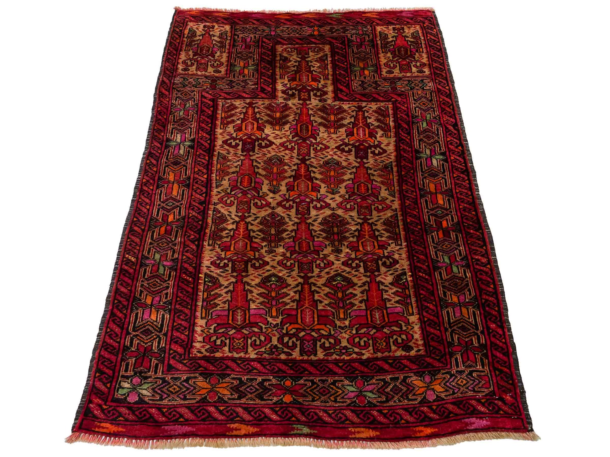 Antiker, handgeknüpfter Afghan Orientteppich aus Wolle von Khademi. Größe: 141 x 95 cm. Farbe: Rot, beige. Verkauf durch JUPITER Intl.
