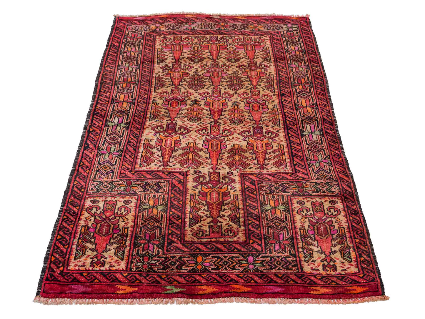 Antiker, handgeknüpfter Afghan Orientteppich aus Wolle von Khademi. Größe: 141 x 95 cm. Farbe: Rot, beige. Verkauf durch JUPITER Intl.