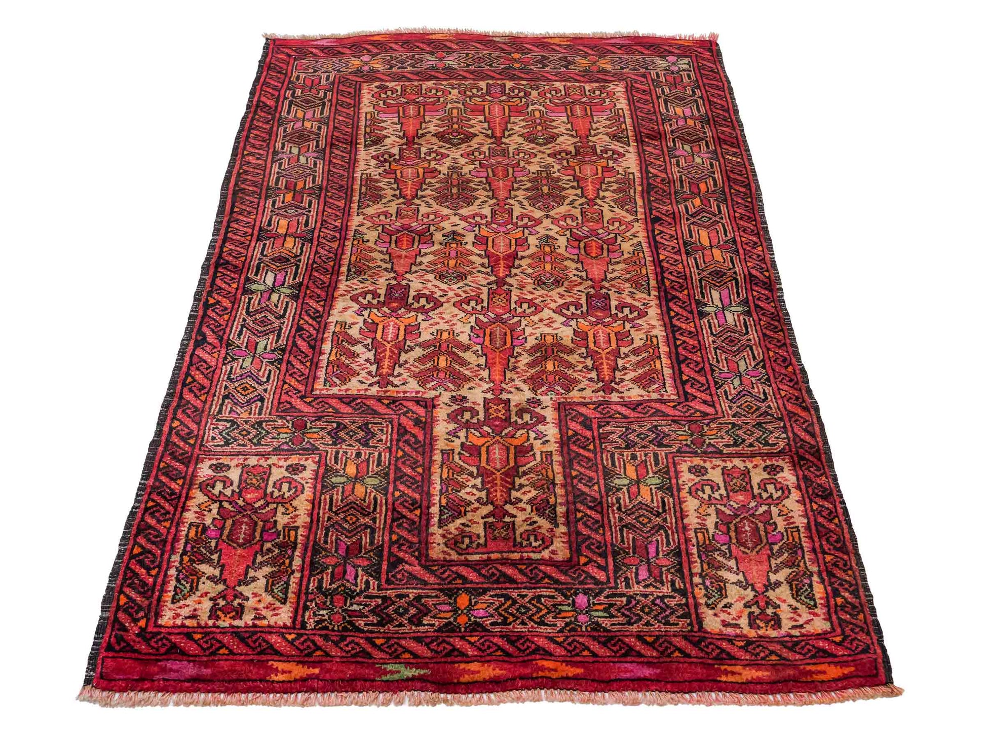 Antiker, handgeknüpfter Afghan Orientteppich aus Wolle von Khademi. Größe: 141 x 95 cm. Farbe: Rot, beige. Verkauf durch JUPITER Intl.