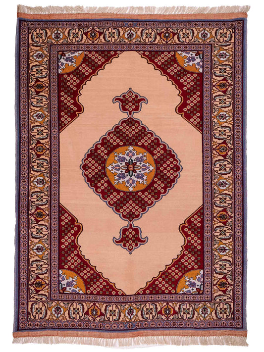 Sehr feiner, antiker, handgeknüpfter Afghan Orientteppich aus Wolle von Khademi. Größe: 150 x 104 cm. Farbe: Beige, rot, blau. Verkauf durch JUPITER Intl.