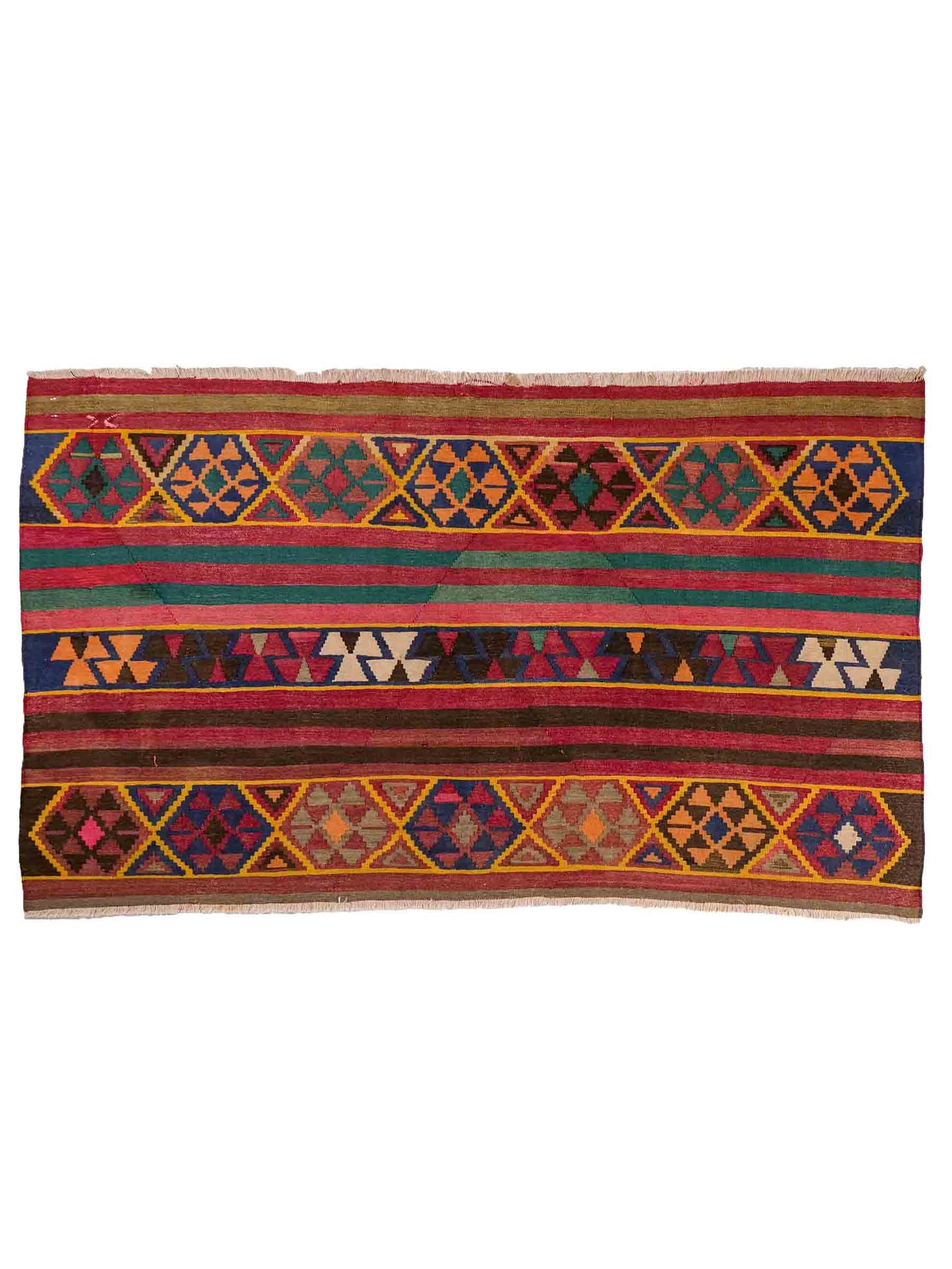 Antiker, handgewebter, kaukasischer Kelim aus Wolle von Khademi. Farbe: Rot, grün, gelb, braun, blau. Größe: 175 x 97 cm. Verkauf durch JUPITER Intl.