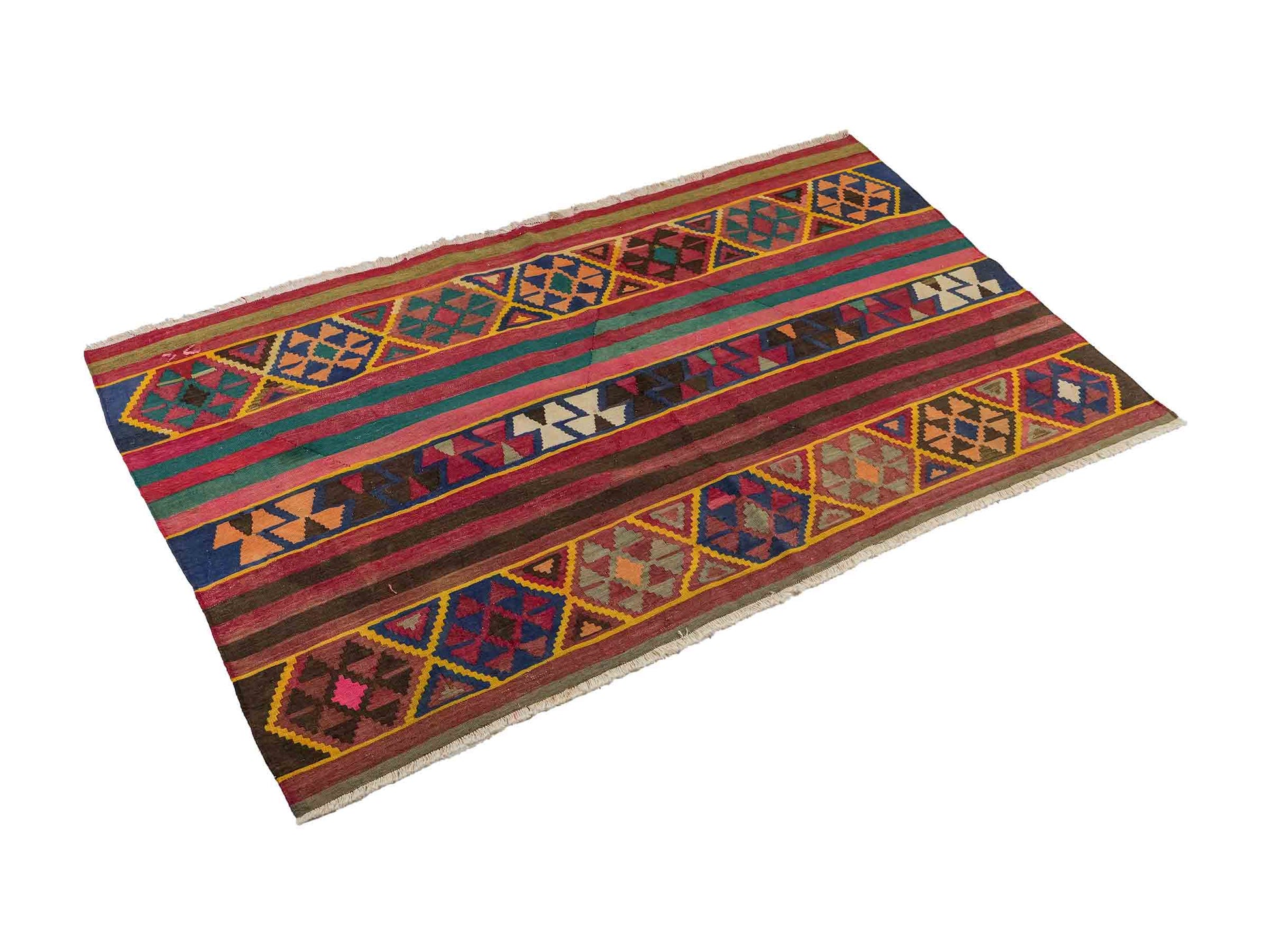 Antiker, handgewebter, kaukasischer Kelim aus Wolle von Khademi. Farbe: Rot, grün, gelb, braun, blau. Größe: 175 x 97 cm. Verkauf durch JUPITER Intl.