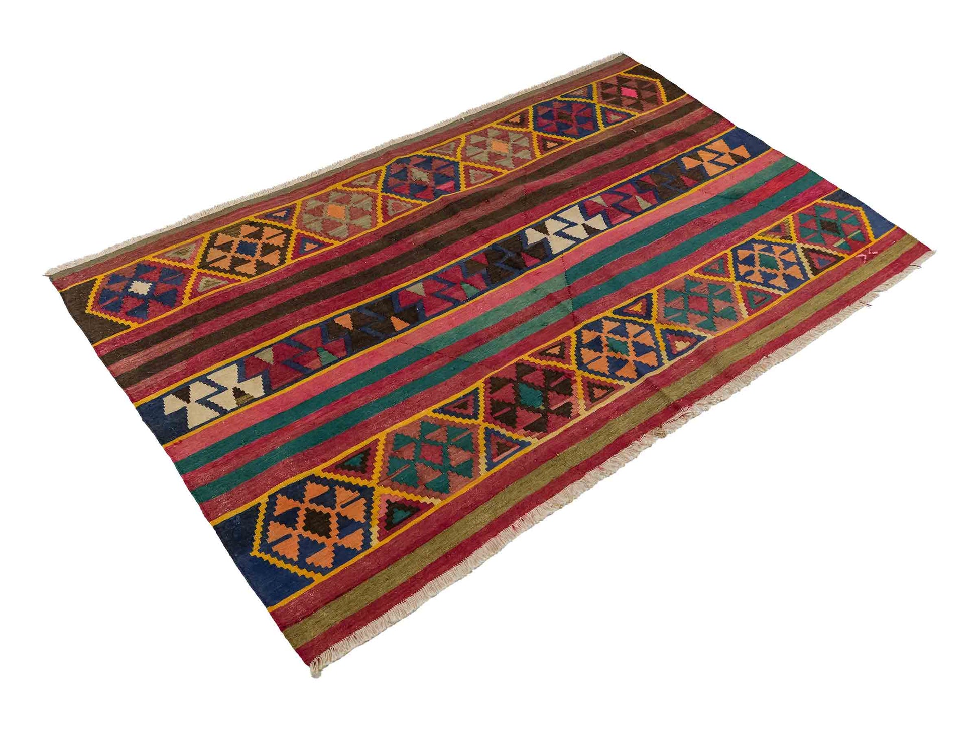 Antiker, handgewebter, kaukasischer Kelim aus Wolle von Khademi. Farbe: Rot, grün, gelb, braun, blau. Größe: 175 x 97 cm. Verkauf durch JUPITER Intl.