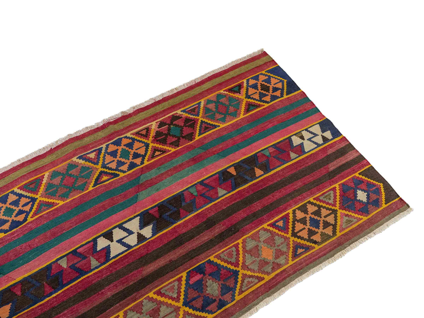 Antiker, handgewebter, kaukasischer Kelim aus Wolle von Khademi. Farbe: Rot, grün, gelb, braun, blau. Größe: 175 x 97 cm. Verkauf durch JUPITER Intl.