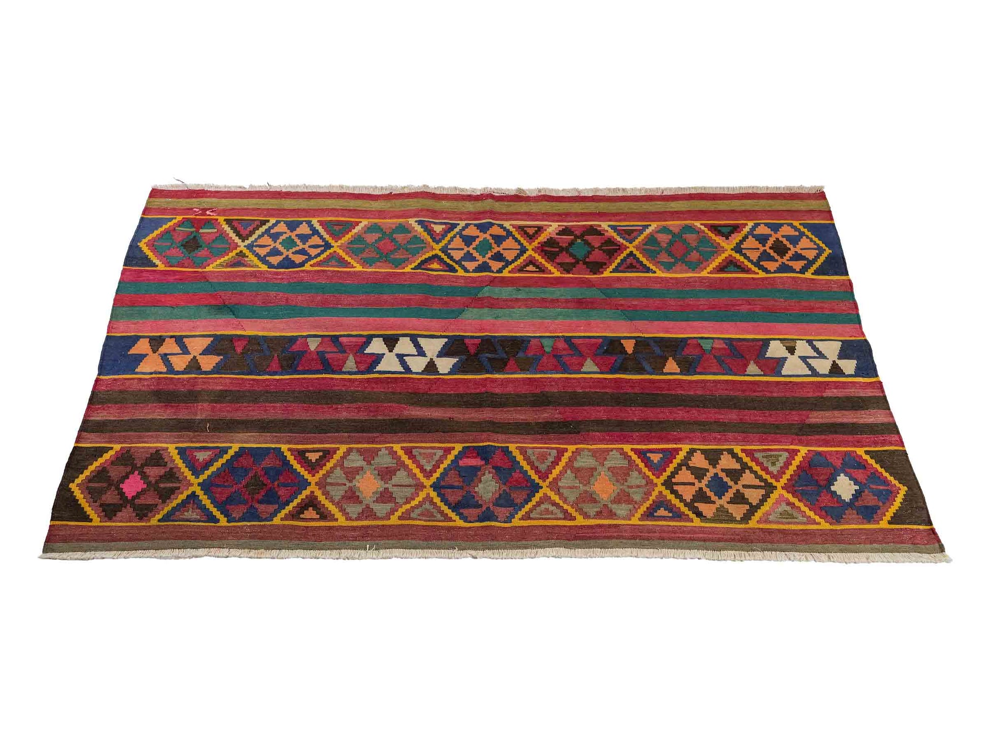 Antiker, handgewebter, kaukasischer Kelim aus Wolle von Khademi. Farbe: Rot, grün, gelb, braun, blau. Größe: 175 x 97 cm. Verkauf durch JUPITER Intl.