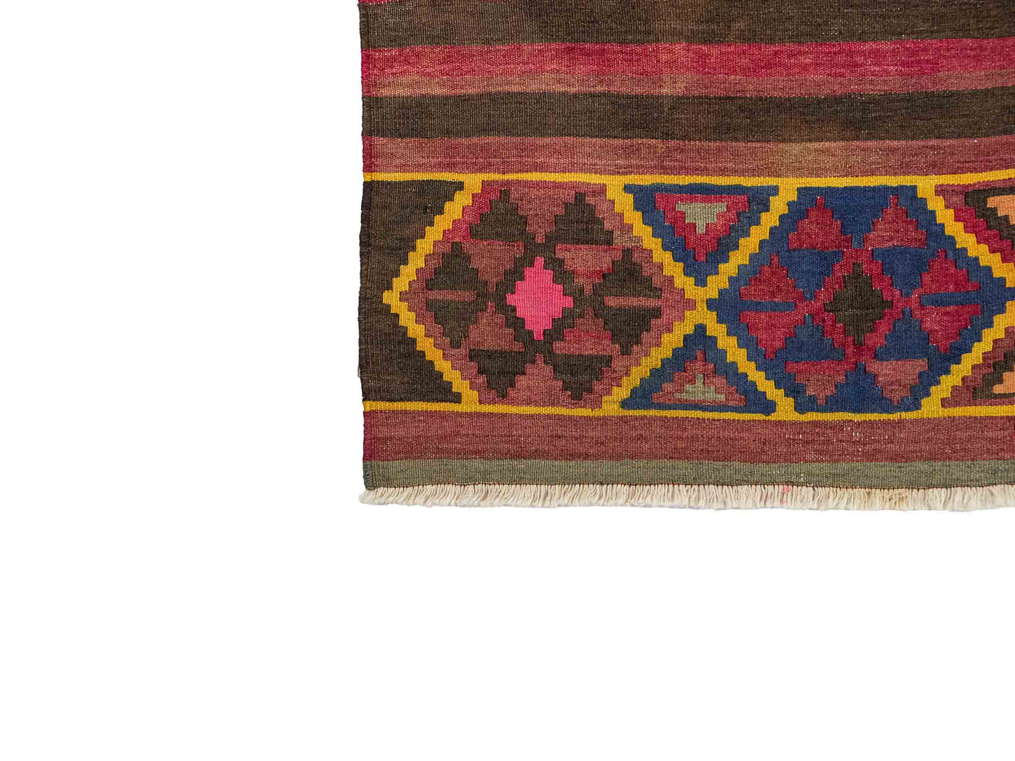 Antiker, handgewebter, kaukasischer Kelim aus Wolle von Khademi. Farbe: Rot, grün, gelb, braun, blau. Größe: 175 x 97 cm. Verkauf durch JUPITER Intl.