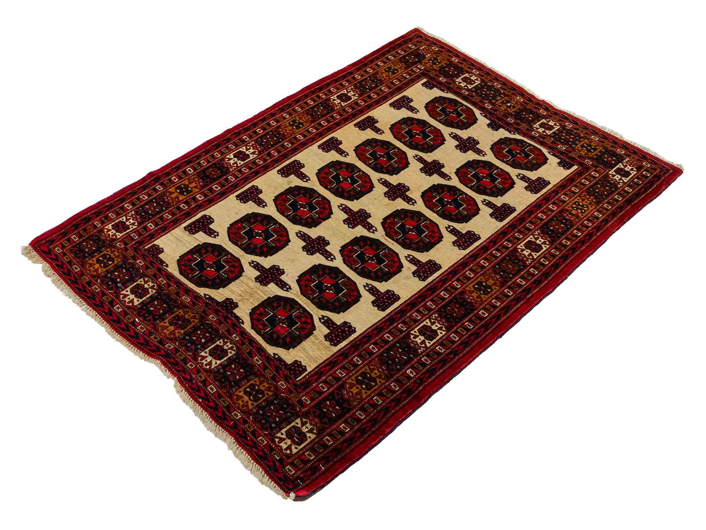 Feiner, handgeknüpfter, antiker Russia Orientteppich aus Wolle von Khademi. Farbe: Cremeweiß, rot, blau. Größe: 130 x 93 cm. Vertrieb durch JUPITER Intl.