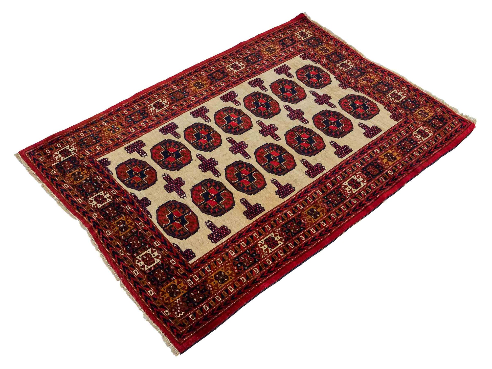 Feiner, handgeknüpfter, antiker Russia Orientteppich aus Wolle von Khademi. Farbe: Cremeweiß, rot, blau. Größe: 130 x 93 cm. Vertrieb durch JUPITER Intl.