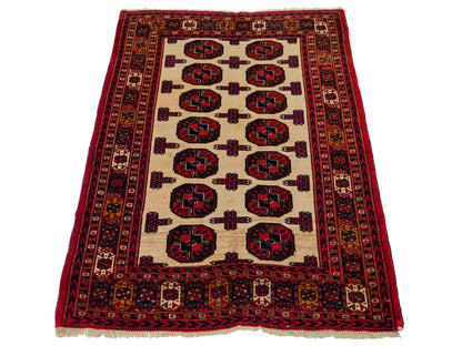 Feiner, handgeknüpfter, antiker Russia Orientteppich aus Wolle von Khademi. Farbe: Cremeweiß, rot, blau. Größe: 130 x 93 cm. Vertrieb durch JUPITER Intl.