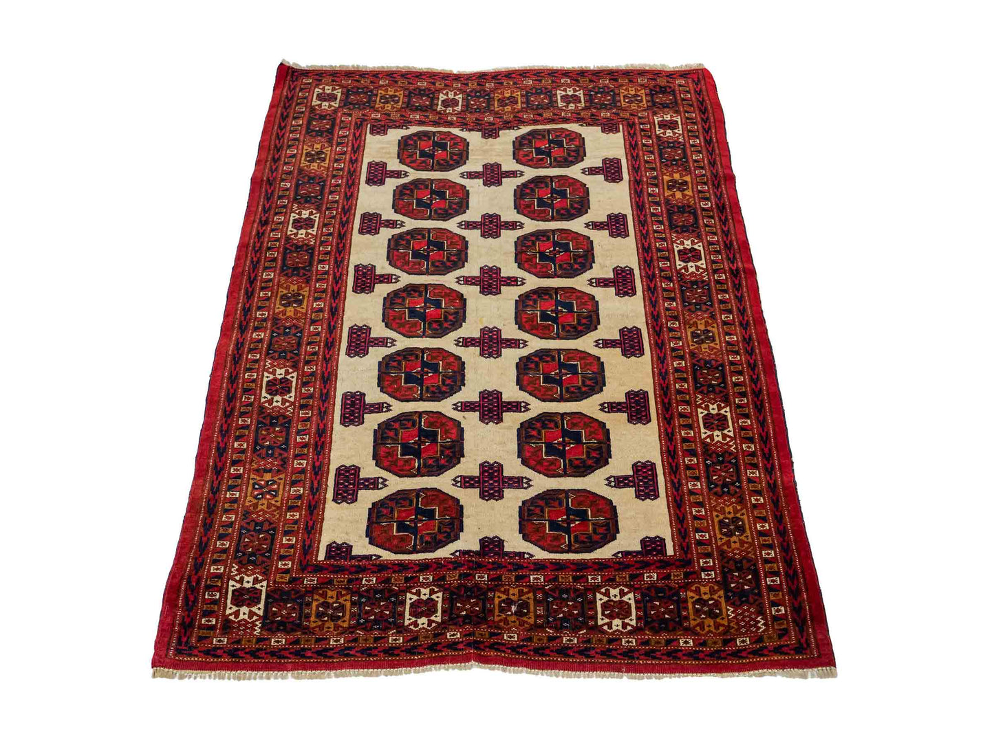Feiner, handgeknüpfter, antiker Russia Orientteppich aus Wolle von Khademi. Farbe: Cremeweiß, rot, blau. Größe: 130 x 93 cm. Vertrieb durch JUPITER Intl.