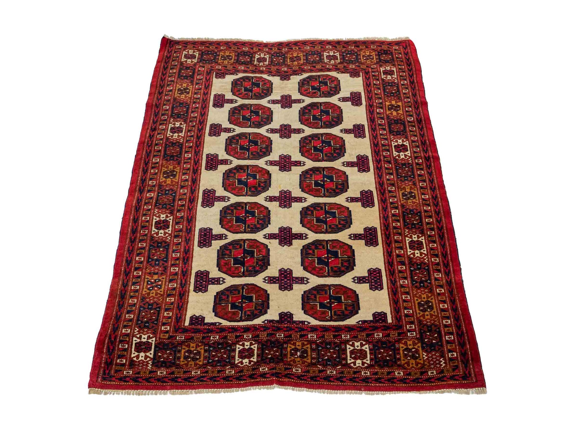 Feiner, handgeknüpfter, antiker Russia Orientteppich aus Wolle von Khademi. Farbe: Cremeweiß, rot, blau. Größe: 130 x 93 cm. Vertrieb durch JUPITER Intl.