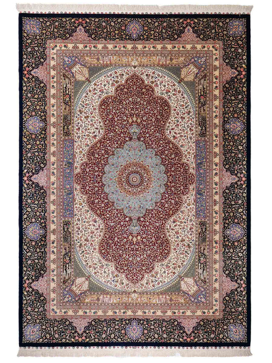 Sehr feiner, handgeknüpfter Khademi Orientteppich mit Ghom Design aus Wolle mit Seide, blau, rot. 285x207 cm. Vertrieb durch Jupiter Intl.