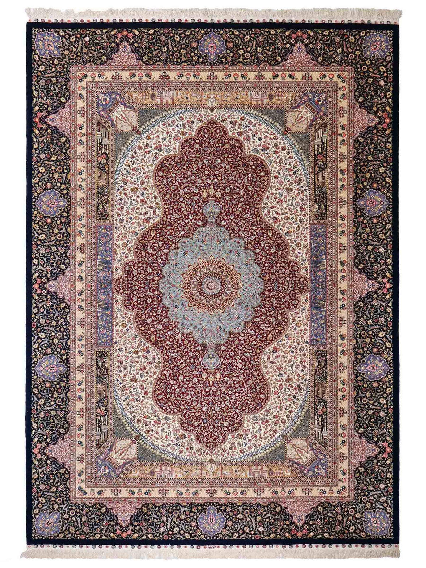 Sehr feiner, handgeknüpfter Khademi Orientteppich mit Ghom Design aus Wolle mit Seide, blau, rot. 288x207 cm. Vertrieb durch Jupiter Intl.