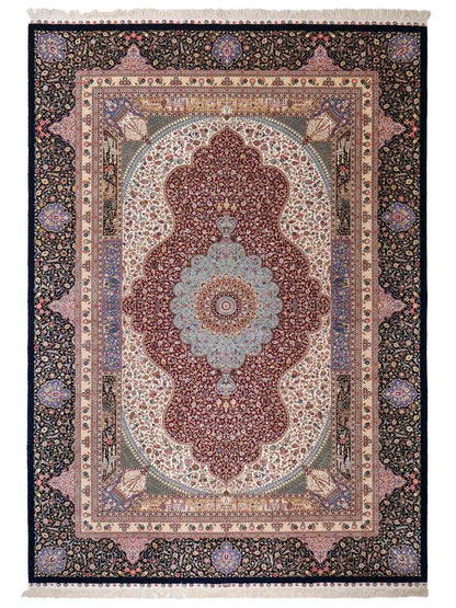 Sehr feiner, handgeknüpfter Khademi Orientteppich mit Ghom Design aus Wolle mit Seide, blau, rot. 288x207 cm. Vertrieb durch Jupiter Intl.